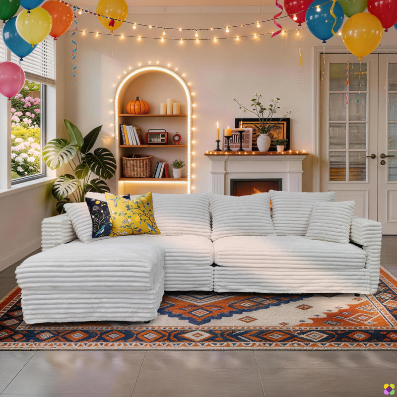 Gus 102.4"W 5 Seaters Convertible LAF RAF Corduroy Sectional, include1 Ottoman, Beige Plush Corduroy Fabric