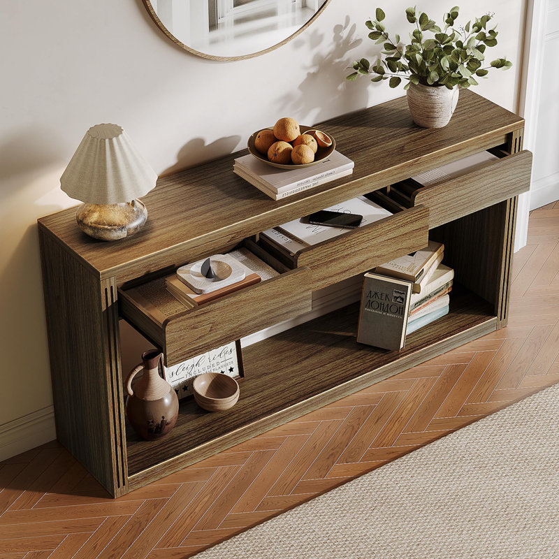 63" W Three Drawer Flat Console Table, Dark Brown Wood