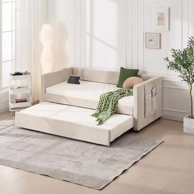 Upholstered Daybed with Trundle,USB Port ,Side Pockets