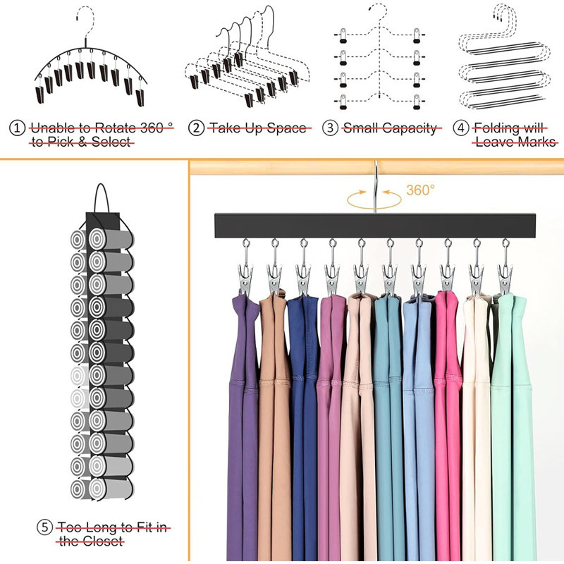 Legs et cintres pour garde-robe, pinces pivotantes à 360 ° pour jeans, shorts, chaussettes et chapeaux