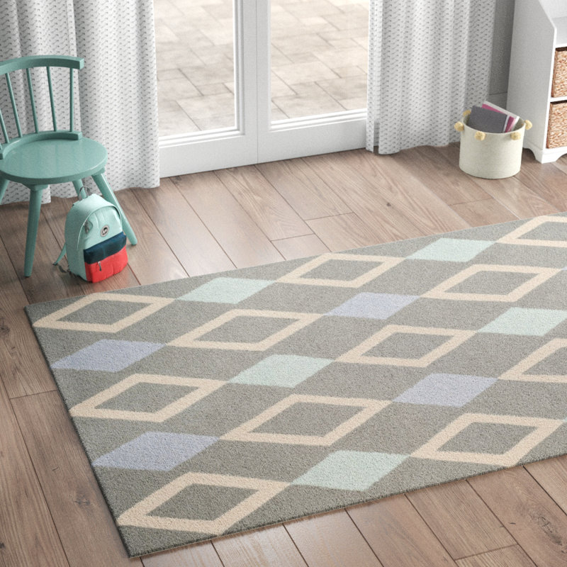 Tapis gris en laine touffeté à la main à motif géométrique Krystyna, Rectangle 3 pi x 5 pi