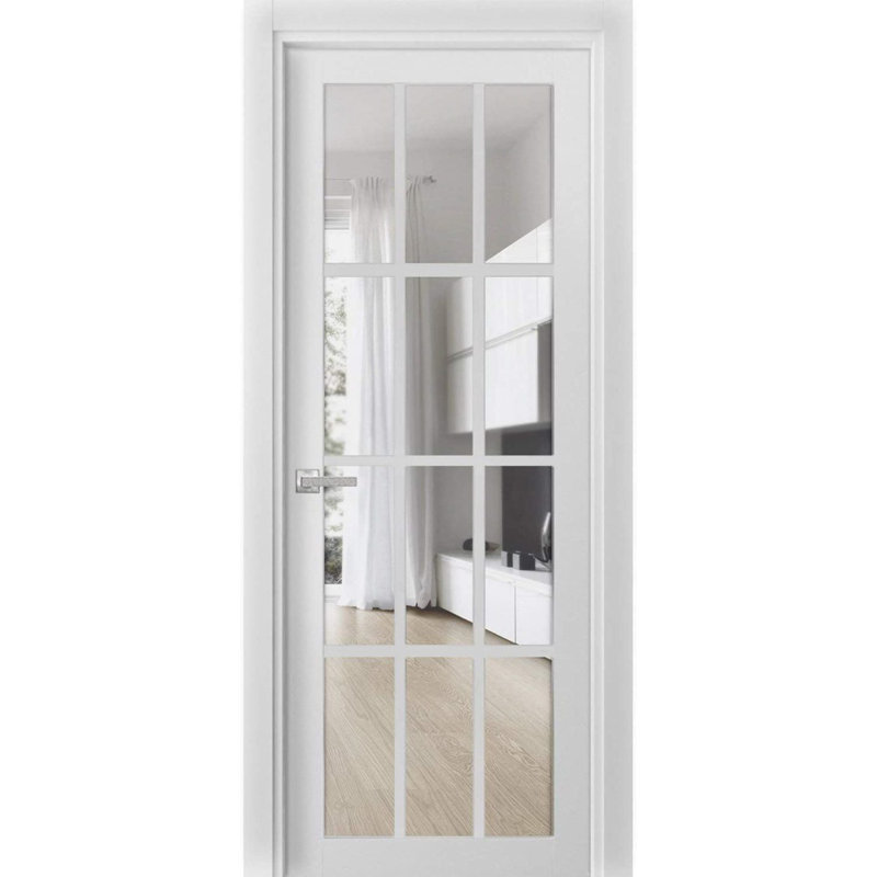 Porte de garage prémontée à la française, vitrage transparent 12 carreaux, modèle Felicia 3355 Blanc Soie, panneau simple standard, cadre, poignées, idéale pour salle de bain ou chambre à coucher. Porte robuste - 81 cm x 203 cm