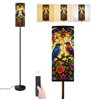 Lampe sur pied à deux oiseaux colorés, effet vitrail, fleurs éclatantes, intensité variable, style moderne, avec télécommande et interrupteur au pied. Abat-jour sur pied haut, idéal pour le salon, la chambre ou le bureau.