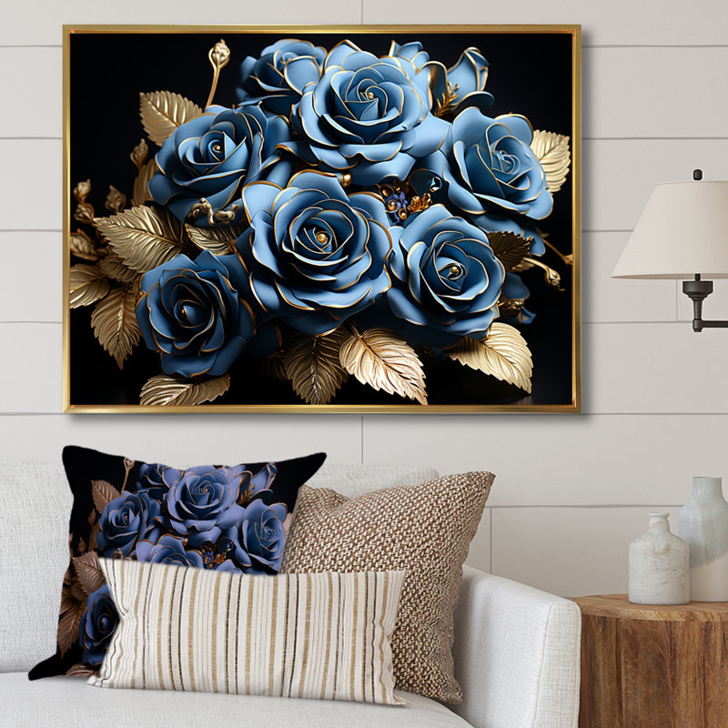 Arrangement de roses bleu azur Elegance I, H 34 po x l 44 po x P 1,5 po, Cadre flottant doré
