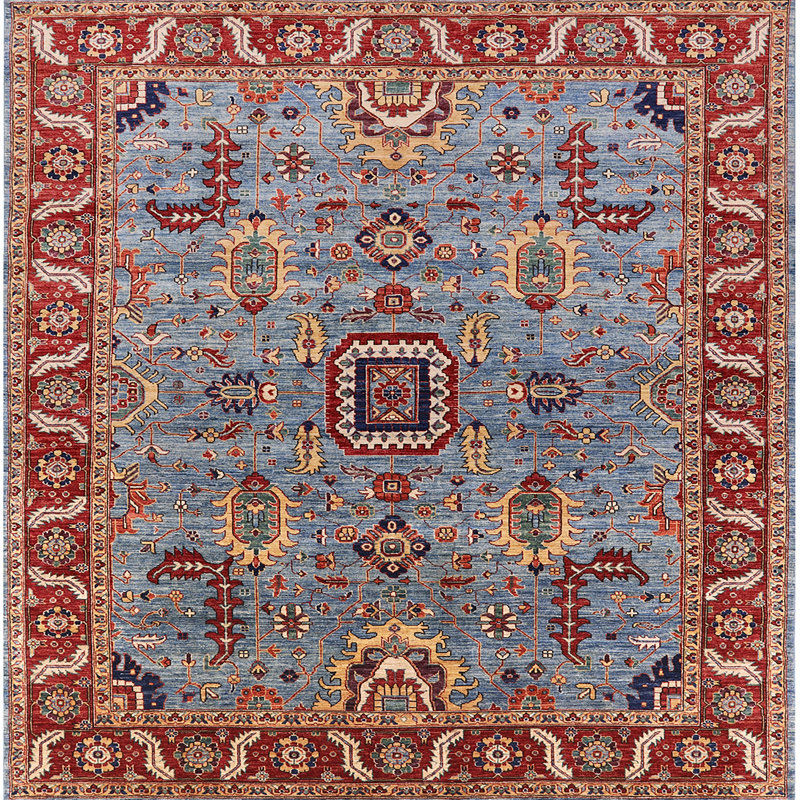 Tapis oriental rouge / bleu Rider, Carré 7 pi