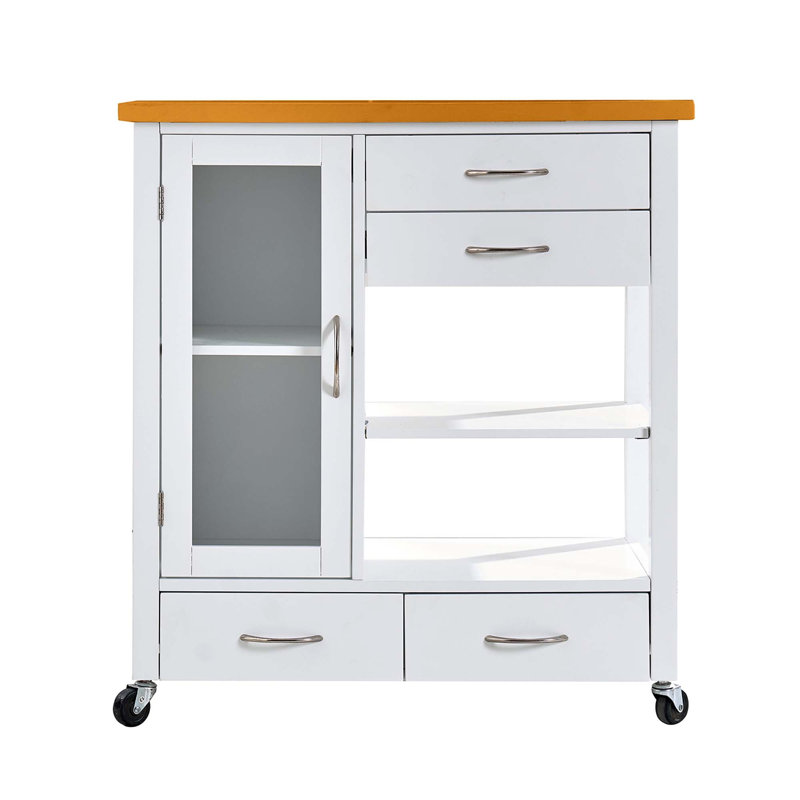 Îlot de cuisine avec plateau en bois de noyer, armoire de rangement sur roulettes avec tiroirs, buffet avec barre à serviettes, blanc