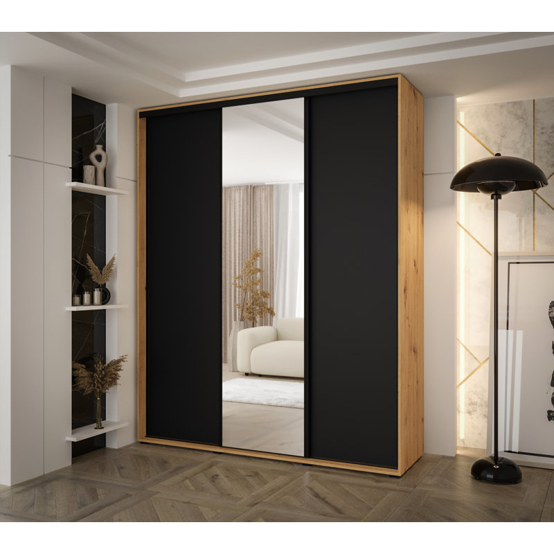 3 Door Manufactured Wood Wardrobe, Black/Natural, 235.2cm H x 200cm W x 60cm D