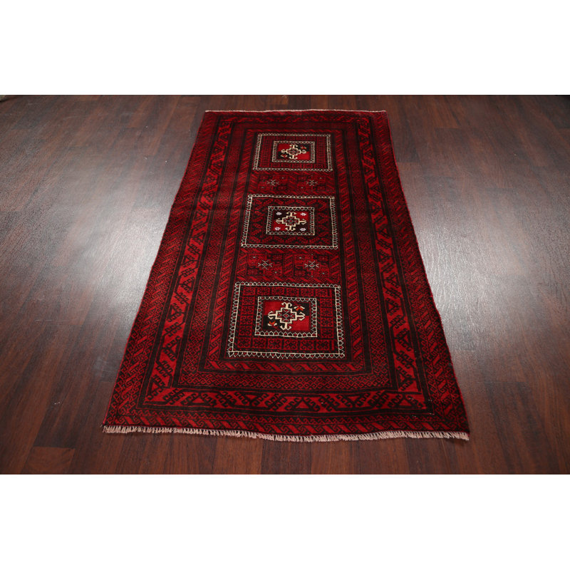 Tapis rouge / ivoire en laine noué à la main de conception unique 3 pi 2 po x 5 pi 8 po Samah
