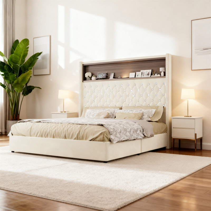 Tufted Velvet Platform Bed with 52'' Wingback Headboard,Storage Shelf,USB Charging Port & Night Light, Beige, Queen