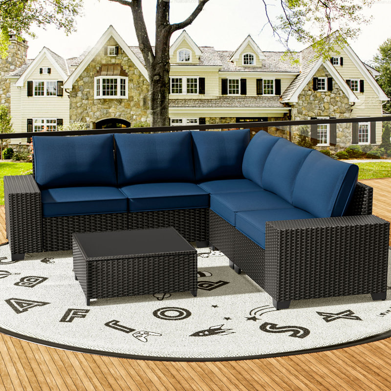 Ensemble de conversation modulaire en rotin de 6 pièces avec accoudoirs larges, Bleu, Black