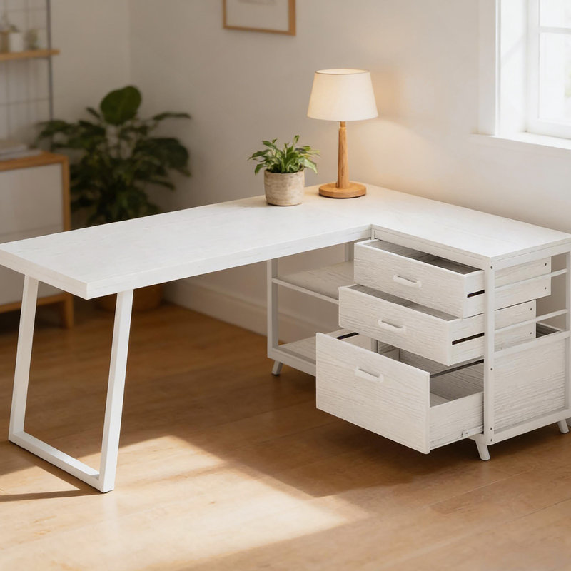 Bureau de travail spacieux, bureau d'ordinateur, bureau en L, Brun rustique / noir