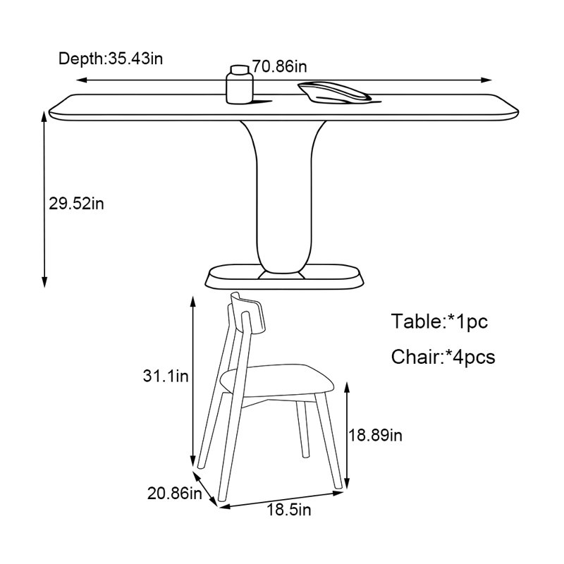 Ensemble de table de salle à manger rectangulaire de couleur noyer, 5, H 29,53 po x L 70,86 po x l 35,43 po