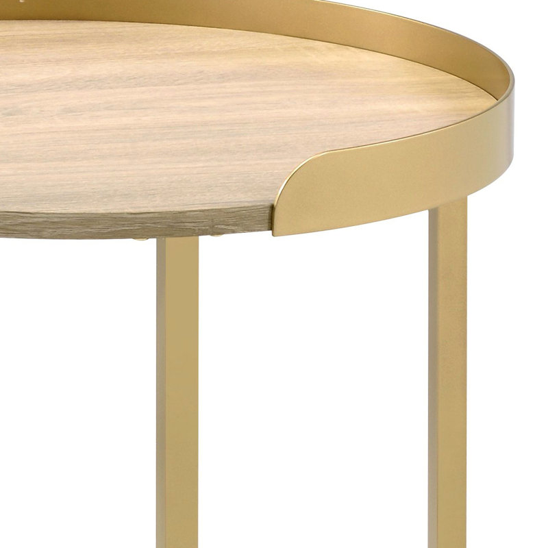 Table de chevet en métal doré avec plateau en chêne résistant et polyvalente