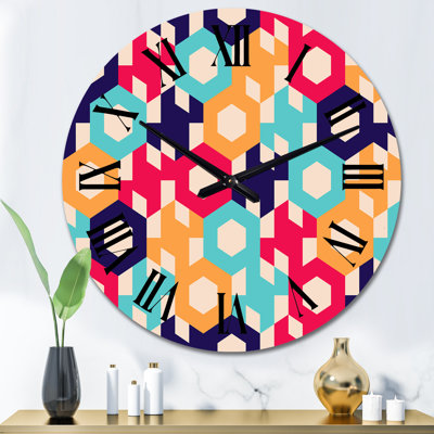 Retro Geometrics in Blue Orange and Red - Patterned Wall Clock