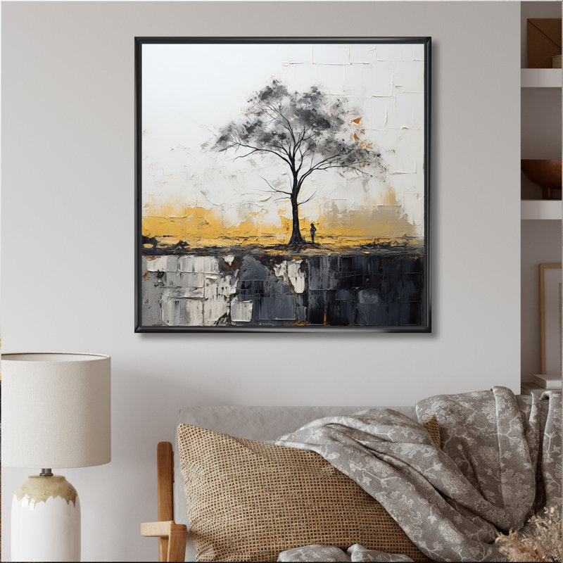 Grey Yellow Minimalism Tree Solitude II - Minimalism Wall Art Living Room, H 30 po x l 30 po x P 1 po, Cadre flottant noir