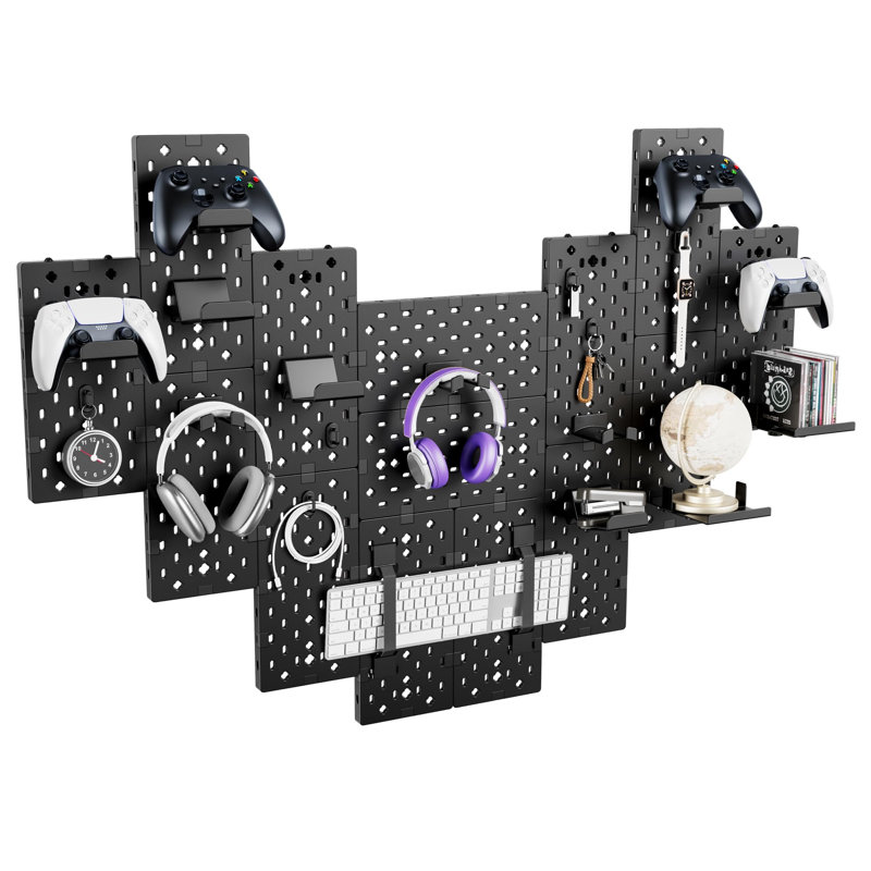 Support mural pour contrôleur et casque d'écoute, panneau de jeu modulaire avec accessoires, panneau perforé 14 pièces, noir