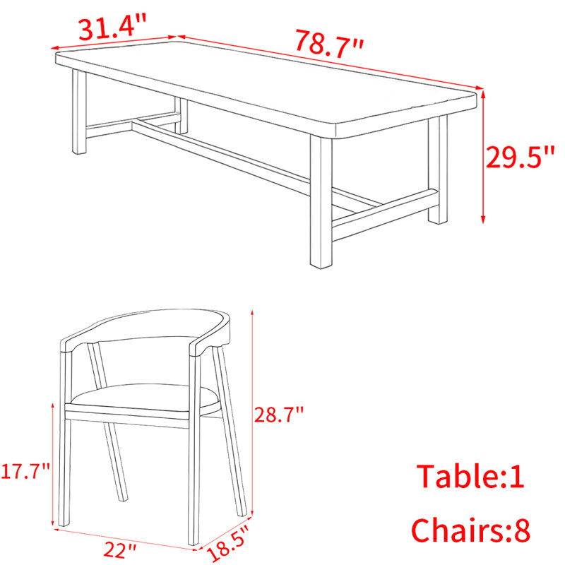 Modern simple solid wood conference table set, 29.5"H x 78.7"L x 31.4"W