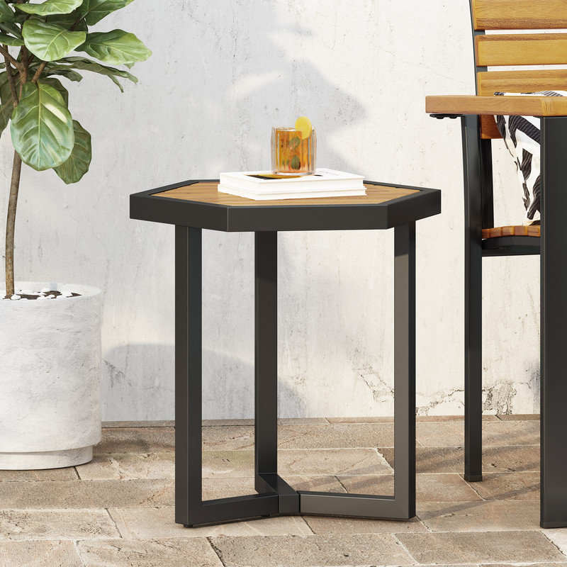 15.75" W x 13.5" D x 16" H Hexagon Outdoor Side Table, Metal & Acacia Wood – Modern Industrial Patio End Table for Balcony or Backyard
