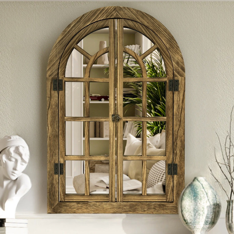 Miroir mural de fenêtre en bois Farmhouse, 30 po x 20 po, Bois naturel
