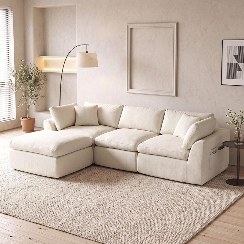 Canapé d'angle modulaire Chenille Cloud avec méridienne et pouf, canapé compressible 3 pièces, sans assemblage, beige