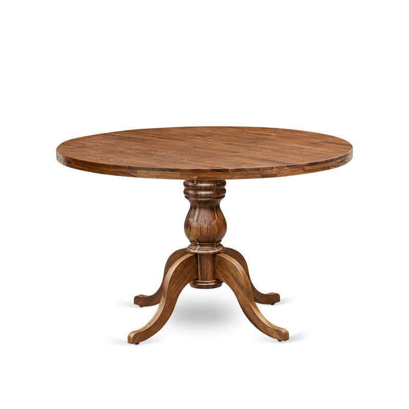L'ensemble de table de cuisine 7 pièces se compose d'une table de cuisine à piédestal et de 6 chaises en tissu de lin beige clair avec dossier rembourré - noyer antique