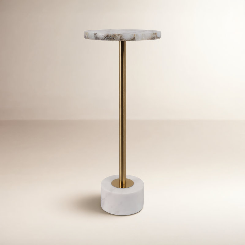 Accent Table Stone Agate and Marble Top Iron Base Finish for Living Room Bedroom Office - 24" White & Gold
