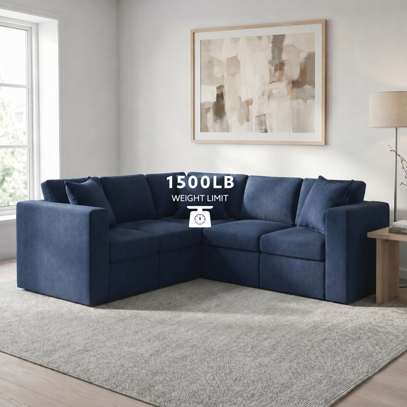 Lockheart 5 Piece L Shaped Square Arm Modular Upholstered Corner Sectional  Blue, Blue Polyester