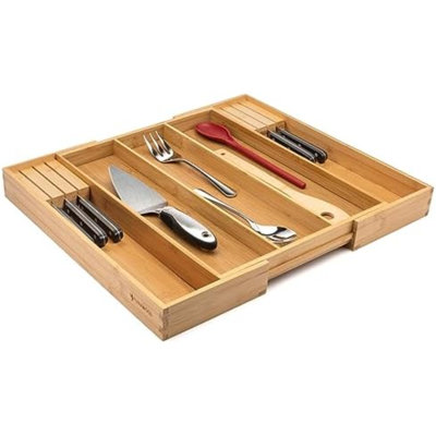 Organisateur de tiroir de cuisine avec blocs à couteaux - Organisateur de tiroir pour ustensiles de cuisine, plateau à couverts et range-couverts, 3 à 5 fentes - Organisateur en bambou pour ustensiles et couverts (naturel)
