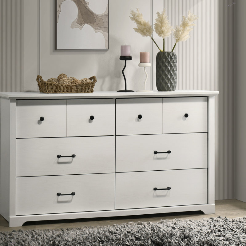 Commode 6 tiroirs avec poignées noires Elara, Blanc