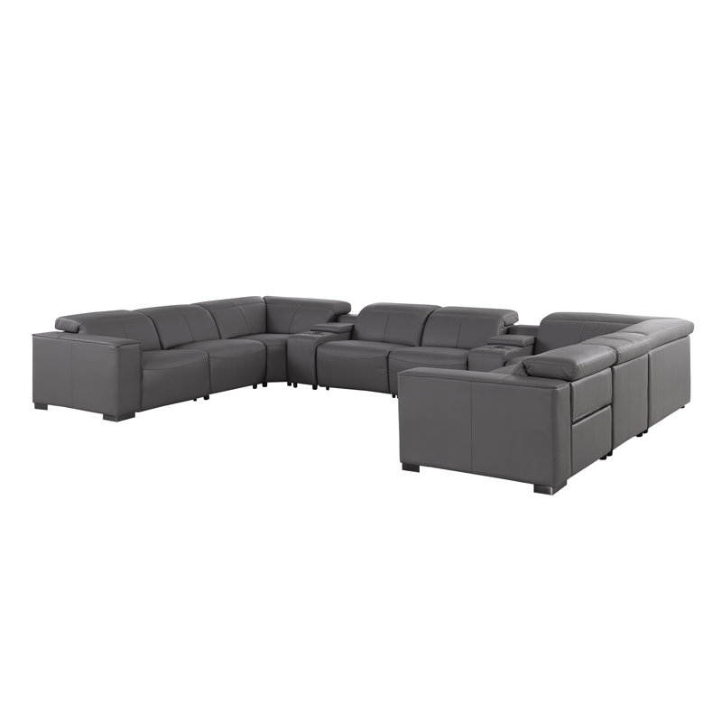 Pasadena Luxurious 10-Piece U-Sectional In Genuine Leather With 4 Power Recliners And Power Headrests, Gray