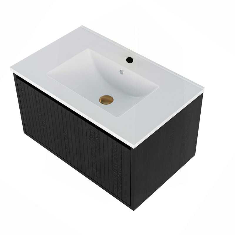 Meuble-lavabo 30 po avec lavabo en céramique - Meuble-lavabo mural flottant cannelé avec tiroirs, moderne, Noir