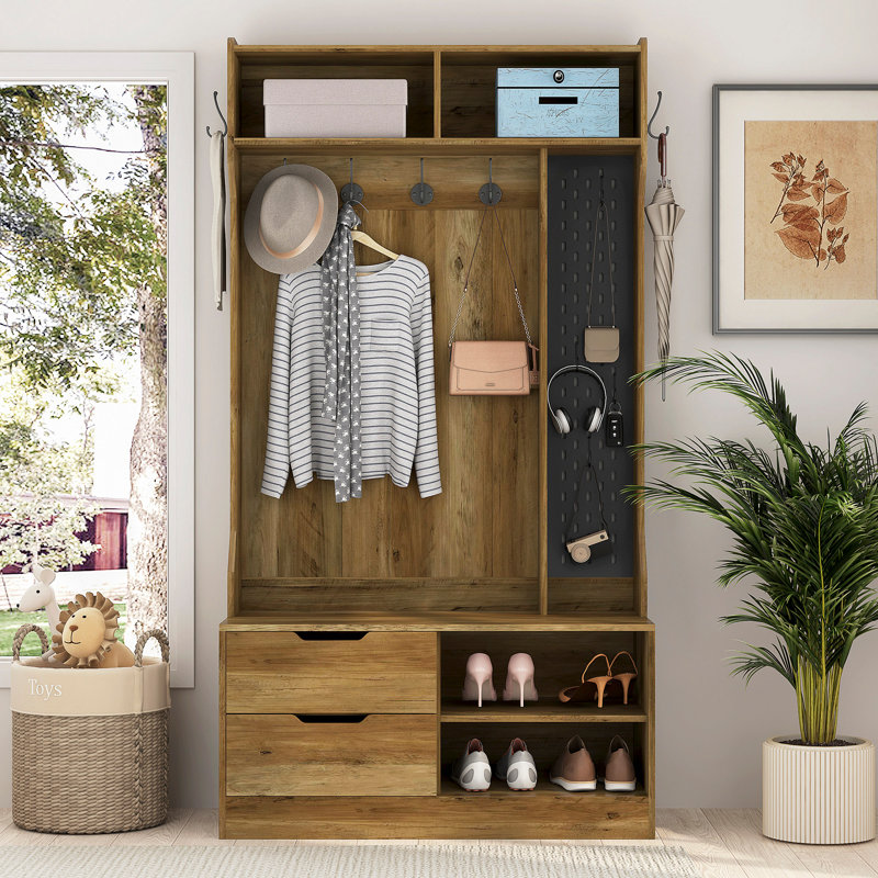 Hall Tree With 6 Hooks,Coat Hanger, Entryway Bench, Storage Bench, Brown