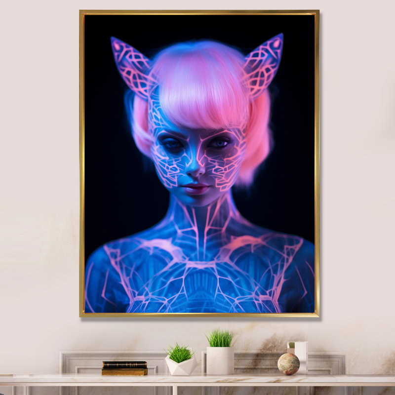 Catgirl In Neon, reproduction d'art sur toile, 32" H x 24" W, Cadre flottant doré