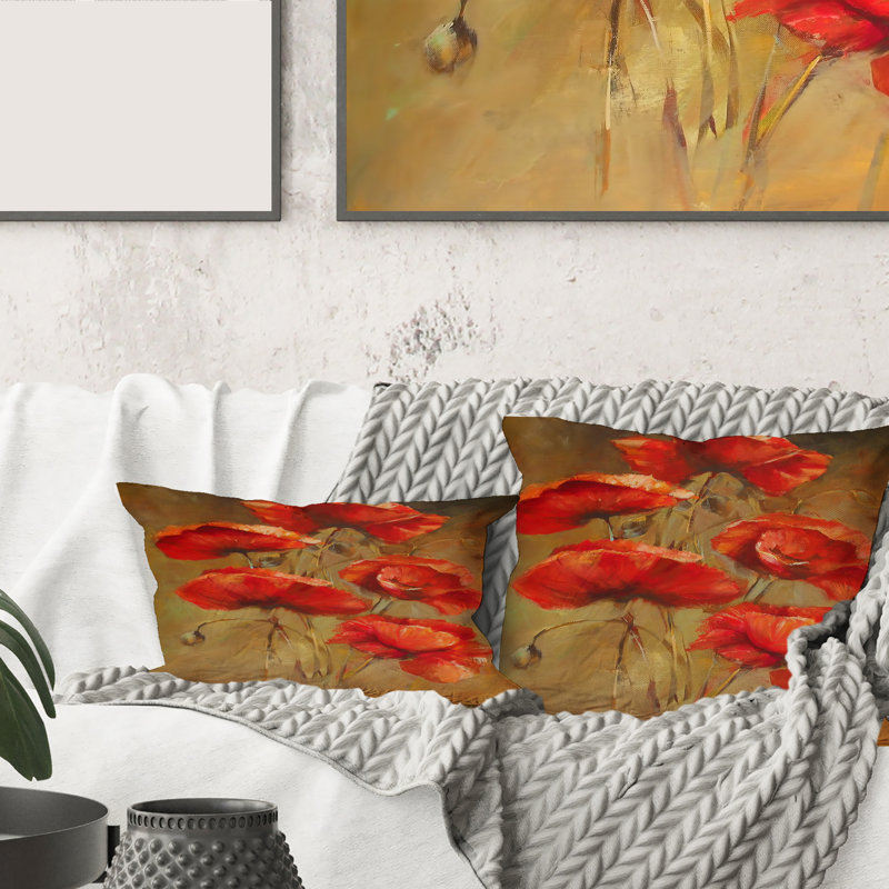 Coquelicots rétro I - coussin traditionnel imprimé, 18" x 18"