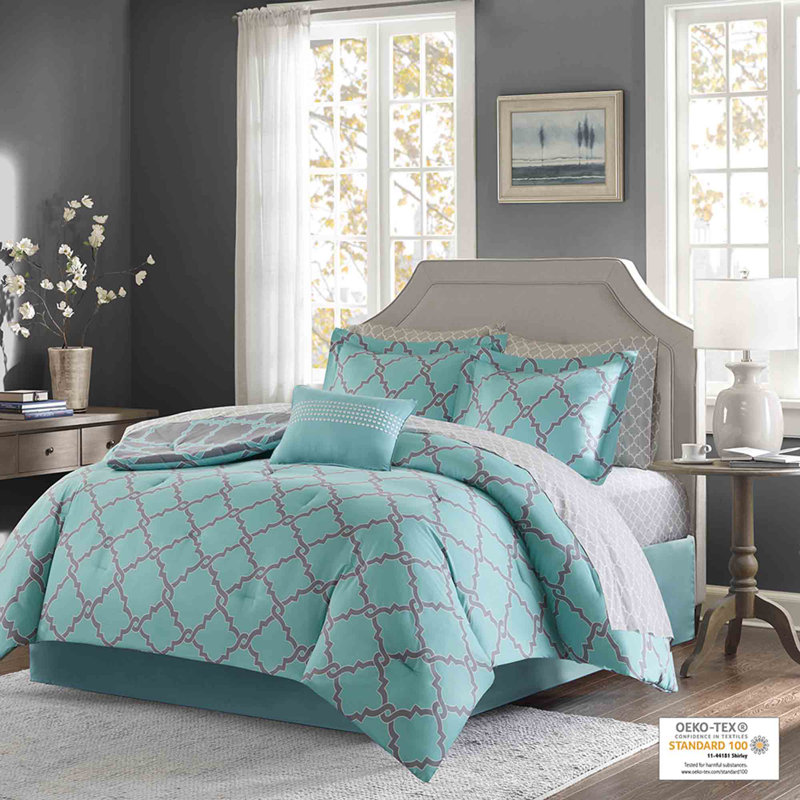 Ensemble d'édredon réversible en microfibre 8 pièces, Grand édredon et 8 pièces supplémentaires, Aqua / gris