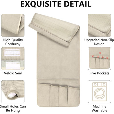 Porte-télécommande, organiseur de fauteuil antidérapant avec 5 poches, rangement pour télécommandes et accessoires de lit, cadeau pour aînés (beige, 89 x 31,5 cm)