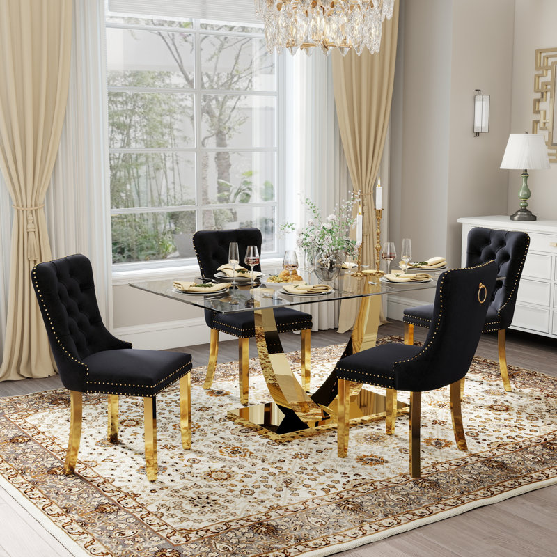Kelisia 4 - Person Pedestal Dining Set, 30"H x 63"L x 35.4"W, Black, Gold