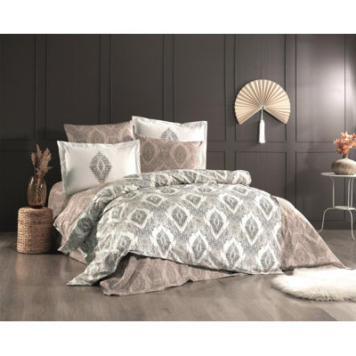 Ensemble de housse de couette élégante en popeline double, 100% coton, brun, crème et vert | Housse de couette: 78,7 po x 86,6 po, drap plat: 94,5 po x 102,4 po, taies d'oreiller (2): 19,7 po x 27,6 po | Lavable à la machine, doux et confortable, conception élégante