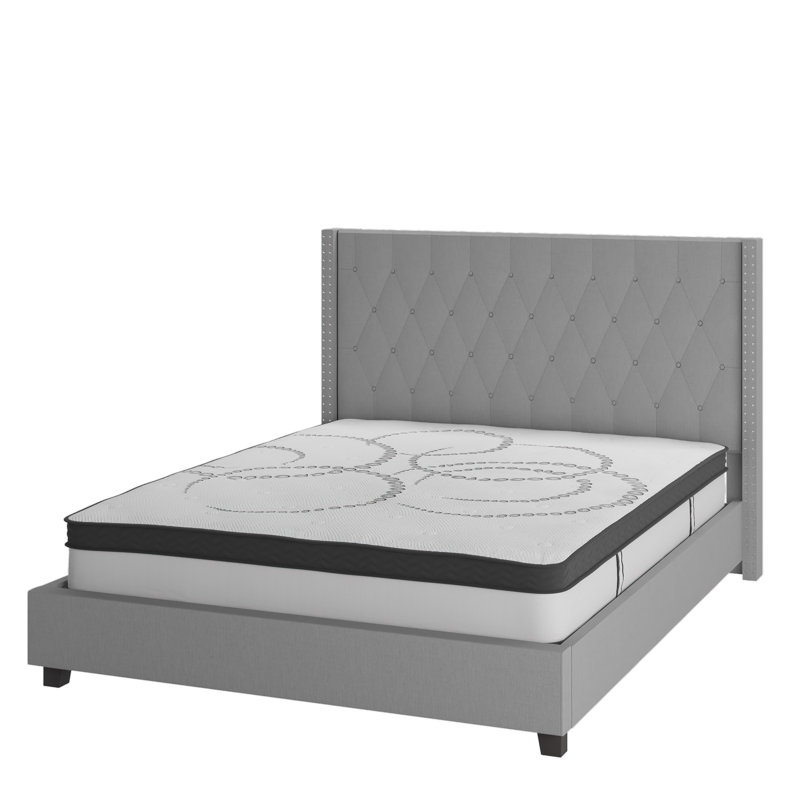 Riverdale Tufted Platform Bed with 10 Inch Pocket Spring Mattress, King, Light Gray
