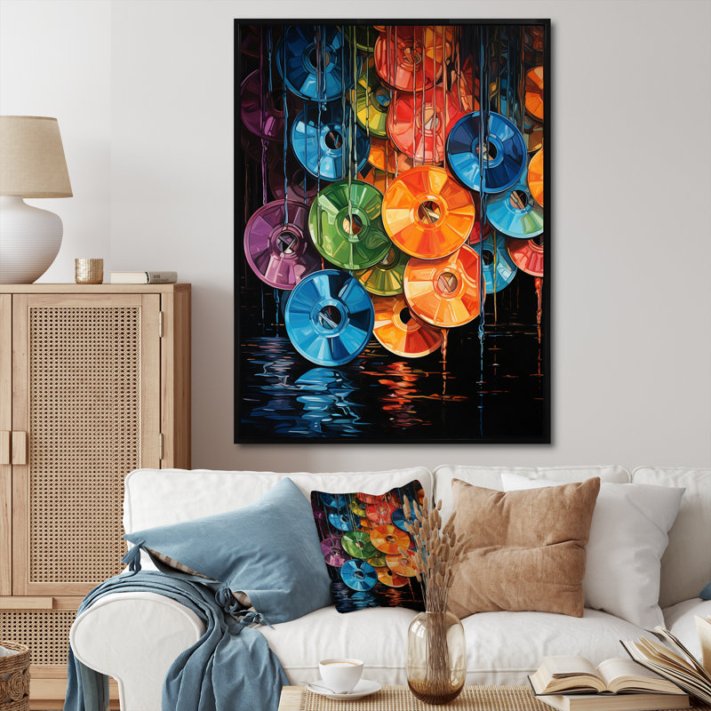 «Norcroft Compact Discs Shimmering Beats I», reproduction sur toile, Cadre flottant noir, H 40 po x l 30 po x P 1,5 po