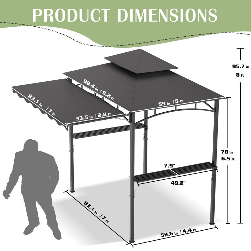 8'X 8' Grill Gazebo with Extra Side Awning, Double Tiered BBQ Gazebos Heavy-Duty Steel Frame Awning with 2 Side Shelves 6 Hooks