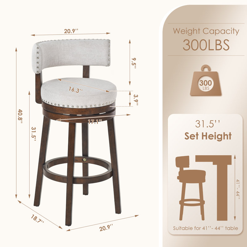 Tabouret de bar et de comptoir pivotant à 360 ° avec structure, dossier et repose-pieds en bois massif, 3