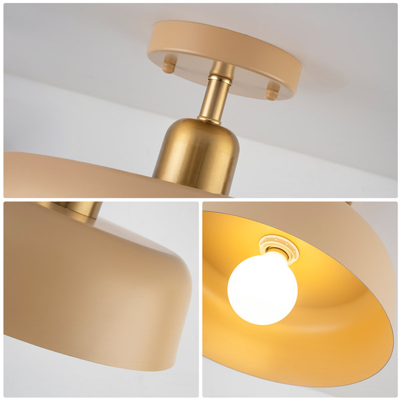 Modern Semi Flush Mount Ceiling Light Brown and Gold Metal Shade 12.6" Farmhouse Close to Ceiling Light Fixture for Kitchen Hallway Entryway Foyer Bedroom Laundry Room