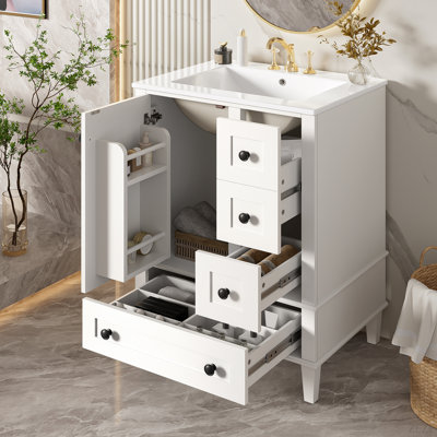 Meuble-lavabo blanc de 24 po avec lavabo intégré en céramique, tablette à double couche, tiroirs à fermeture en douceur et porte d'armoire à fermeture en douceur