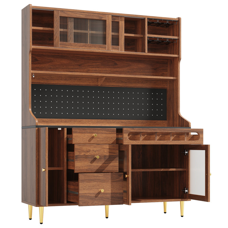 Kitchen Cabinet With Led, 5 Doors, 3 Drawers And Wine Rack Natural, Brown