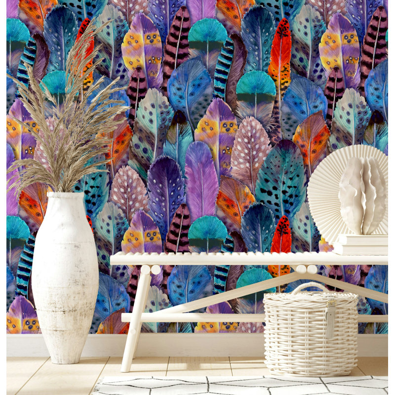 Papier peint à motif de plumes colorées Boho, L 100 po x l 150 po