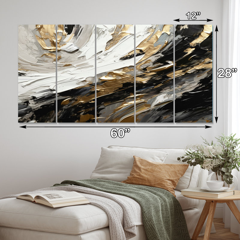 Exquis Darling Gold, vague abstraite sur fond noir - reproduction d'art abstrait abstrait - 5 panneaux égaux