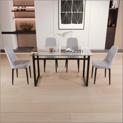 4 Person Glass Dining Table Set, Kitchen Set With Metal Leg Dining Table And Chairs, Modern Rectangular Tempered Glass Tabletop And Dining Room Thick