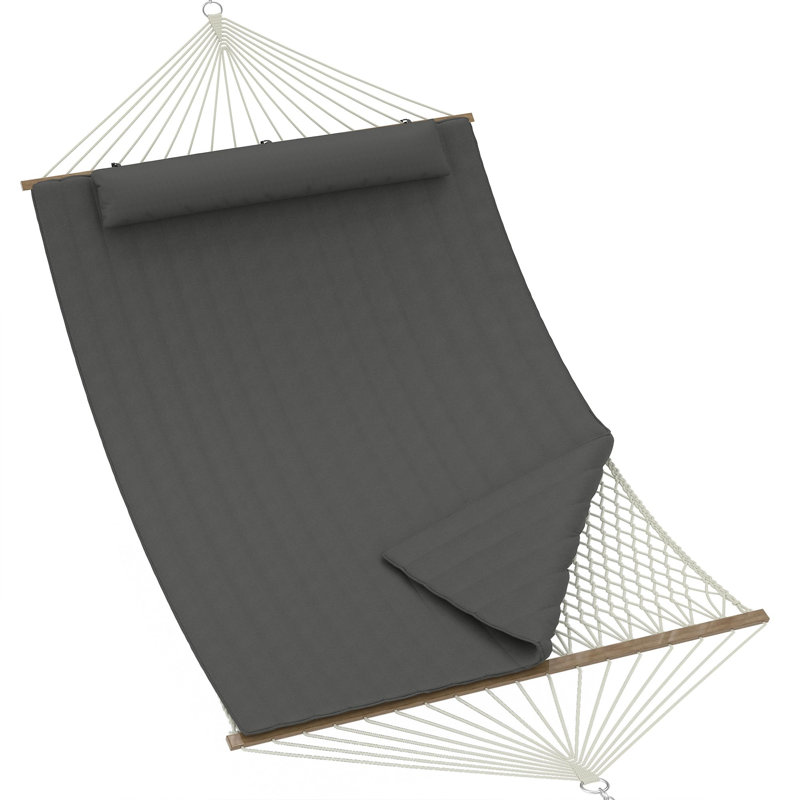 Double Quilted Hammock for 2 Person, 3.5m Large Garden Hammock with Wooden Spreader Bar & Detachable Pillow, 204kg Capacity Outdoor Swing Bed with Chains, Brownish