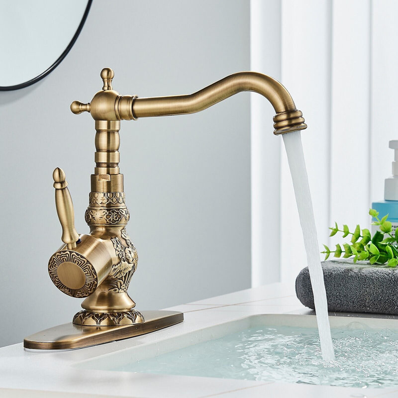 Bathroom sink Faucet Carved Flower Antique Brass Single Hole Single Handle Swivel Spout Sink Bathroom Vessel Faucet Mixer Tap